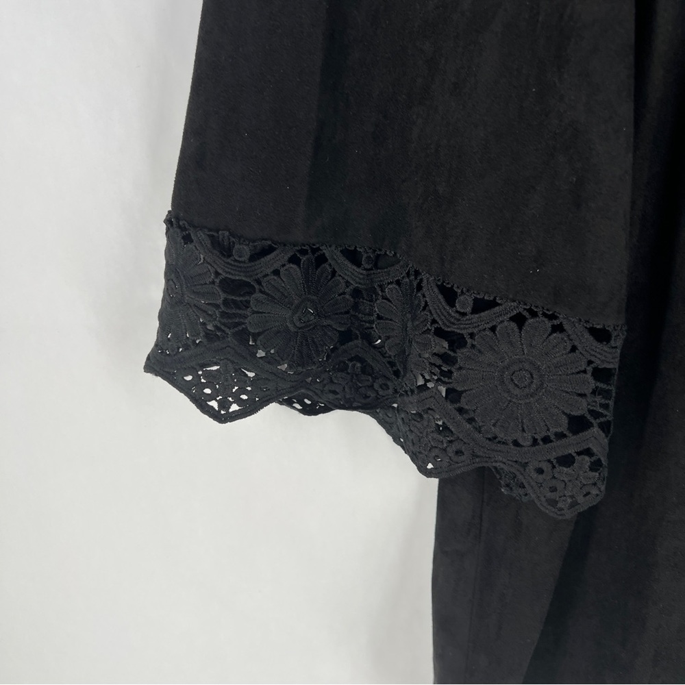 JODIFL Black Faux Suede Crisscross V-Neck Lace‎ Trim Flare Sleeve Dress M - Picture 5 of 12